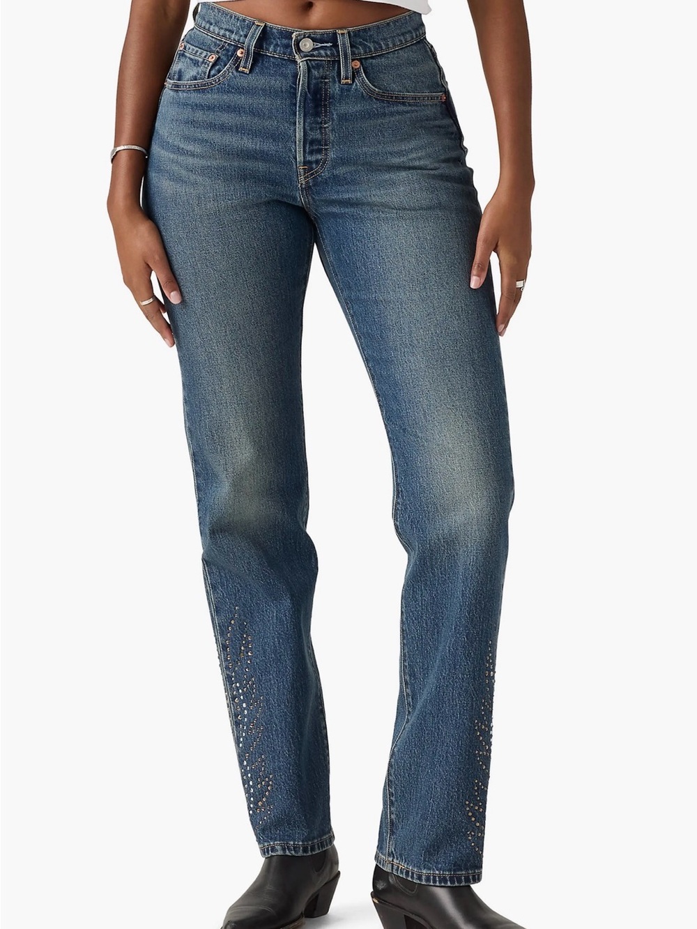 Levi 501 Curve Straight Leg Mid-Rise Jeans in Medium Blue with Stud Detail